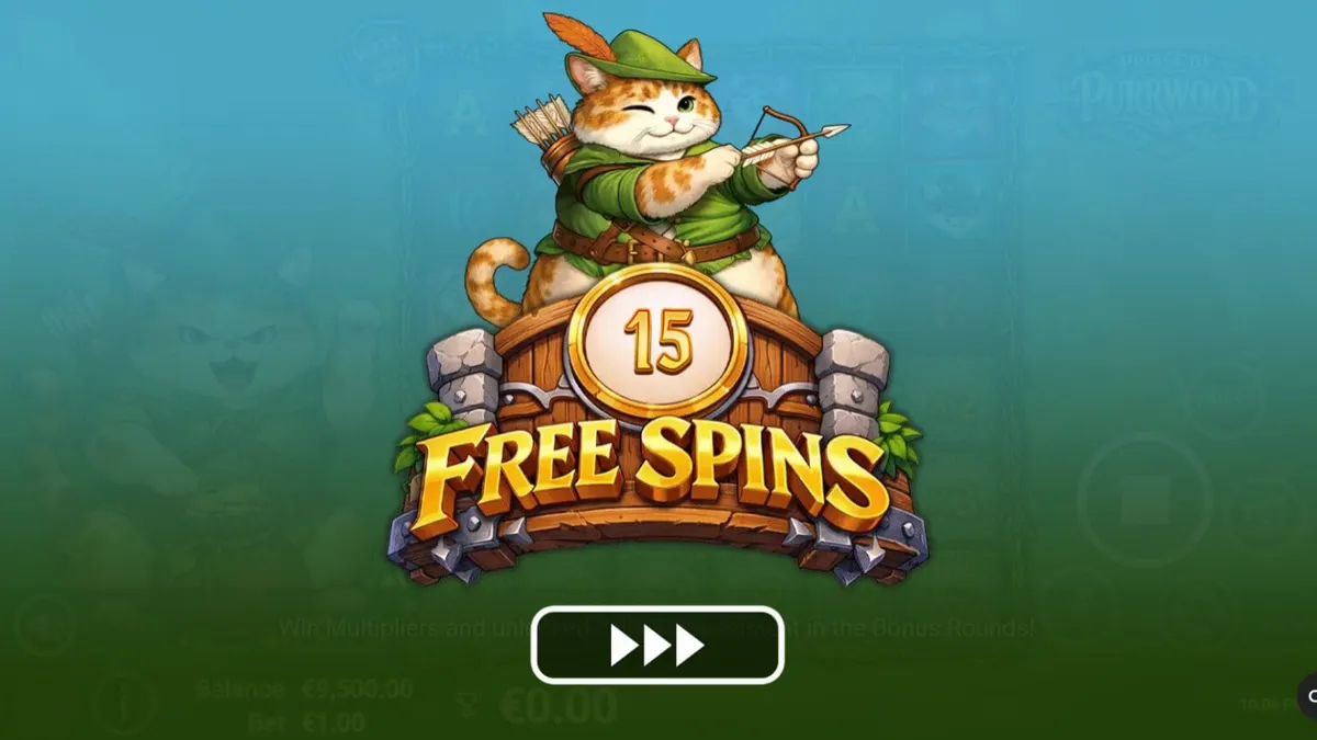 Tampilan visual slot Prince of Purrwood dengan karakter kucing bertema abad pertengahan