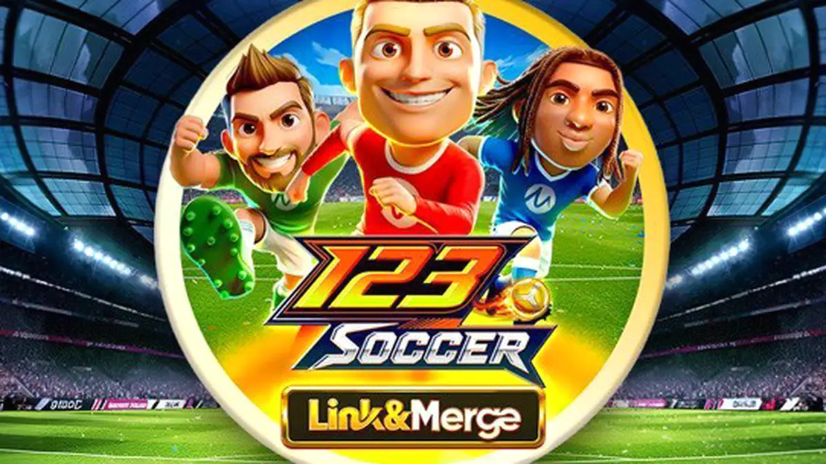 Tampilan antarmuka permainan slot 123 Soccer Link&Merge dengan elemen grafis sepak bola.