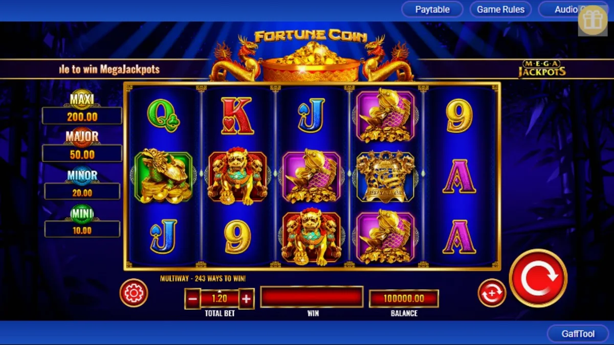 Tampilan visual slot Fortune Coin Mega Jackpot dengan tema kekayaan Asia